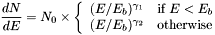 \[ \frac{dN}{dE} = N_0 \times\left\{\begin{array}{ll} (E/E_b)^{\gamma_1} & \mbox{if $E < E_b$}\\ (E/E_b)^{\gamma_2} & \mbox{otherwise} \end{array} \right. \]