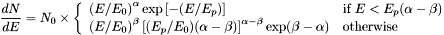 \[ \newcommand{\pfrac}[2]{{(#1/#2)}} \frac{dN}{dE} = N_0 \times \left\{\begin{array}{ll} \pfrac{E}{0.1}^\alpha \exp\left[-(E/E_p)(\alpha + 2)\right] & \mbox{if $E < E_p(\alpha - \beta)/(\alpha + 2)$}\\ \pfrac{E}{0.1}^\beta\left[\pfrac{E_p}{0.1} \frac{\alpha - \beta}{\alpha + 2}\right]^{\alpha - \beta} \exp(\beta - \alpha) & \mbox{otherwise} \end{array} \right. \]