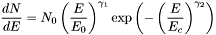 \[ \newcommand{\pfrac}[2]{\left(\frac{#1}{#2}\right)} \frac{dN}{dE} = N_0 \pfrac{E}{E_0}^{\gamma_1} \exp\left(-\pfrac{E}{E_c}^{\gamma_2}\right) \]